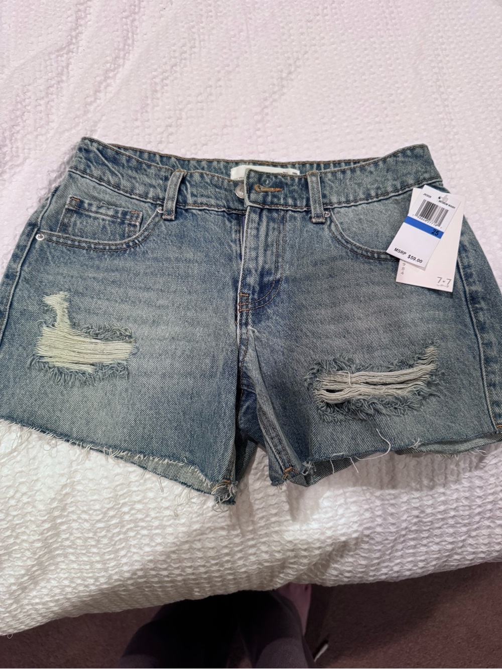 7 For All Mankind Distressed Light Blue Denim Shorts